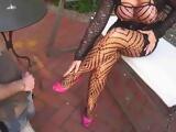 Hot Busty MILF Lady In Fishnet Makes Guy Cum Thanks To Her High Heals Only Then Boy Swallows Own Cum