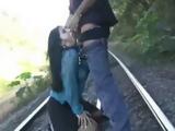 Careless Brunette Giving A Rough Blowjob And Deep Throat On The Train Tracks