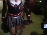 Hot blonde slut going out in sexy schoolgirl costume