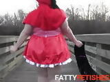 BBW Red Riding Hood pees in public on a deck